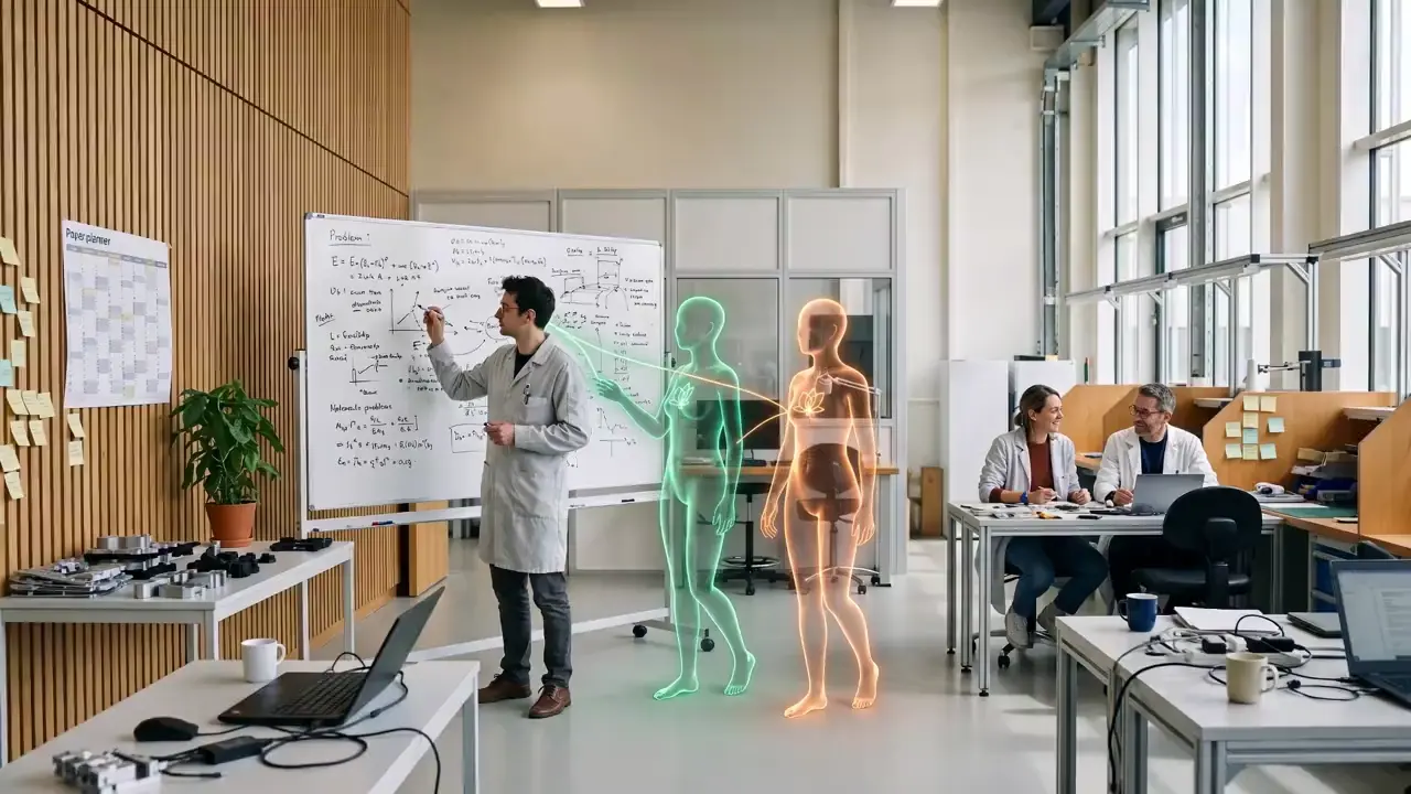 A team working out their way of doing things at the whiteboard, agents alongside